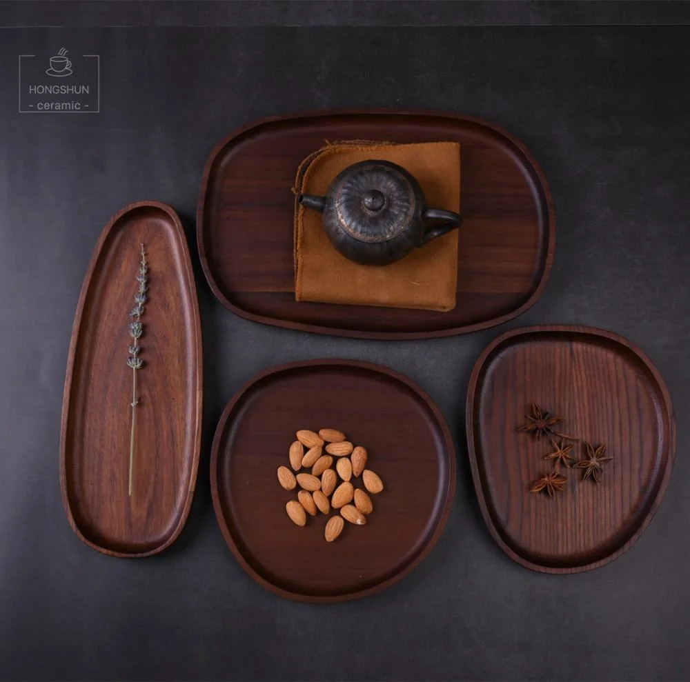 

Wholesale Creative Oval Black Walnut Acacia Wood Bread Tray Japanese Handmade Solid Wood Tray, White