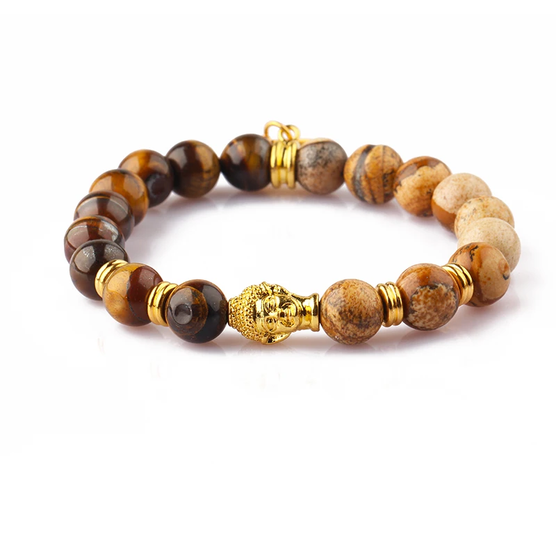 

Wholesale Jewelry Natural Gemstone Brown Tiger Eye And Picture Stone Beads Buddha Bracelet