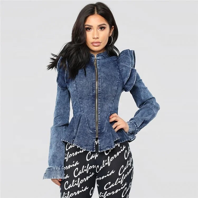 

Super Quality Dark Blue Jeans Jacket Ladies Elastic Falbala Women Denim Jacket for Women, Blue,indigo or as requested