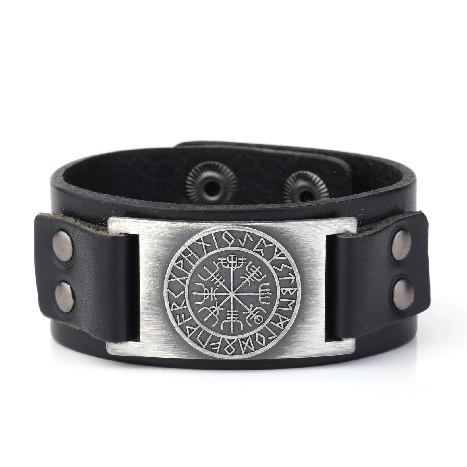 

Adjustable Snaps Button Wristband Leather Bracelets Scandinavian 24 Norse Runes Viking Brass Charms Jewelry