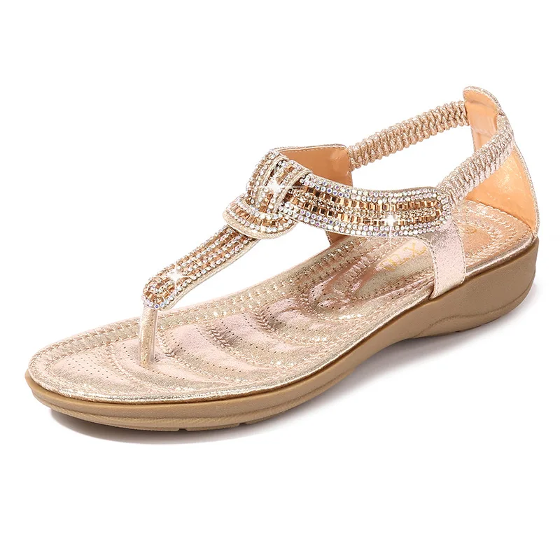 

2019 Womens Rhinestone T-Strap Sandals Ankle Strap Flat Summer Beach Shoes