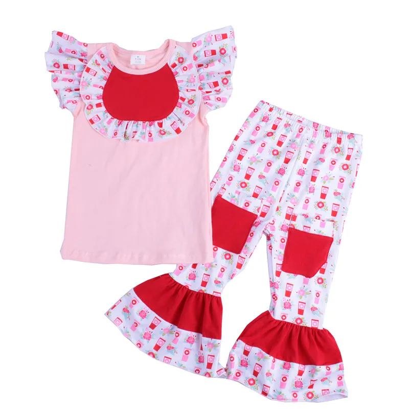 

Hot sale boutique flying sleeves tops ruffled pants little girls baby girls boutique sets, Picture