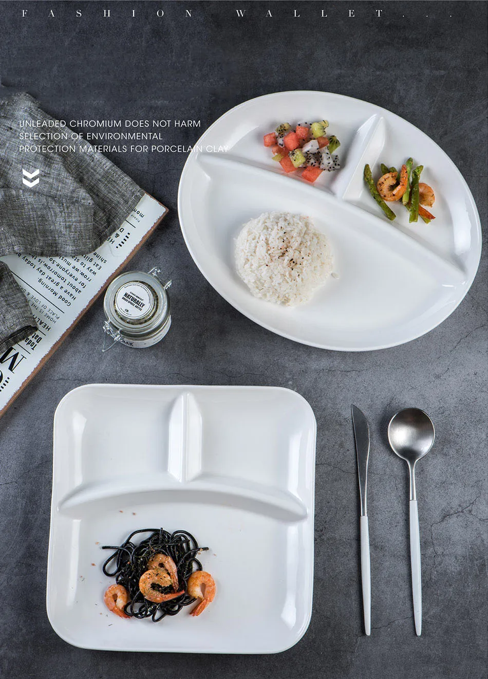 Ceramic separated pure white fast food hotel children's split breakfast tray support custom logo 10" 12"