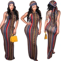 

A060066 hot sale fashion casual sleeveless stripe comfortable slim woman long maxi dress with scarf