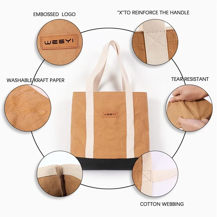 Custom Reusable Washable Kraft Paper Tote Bags With Webbing Straps ...