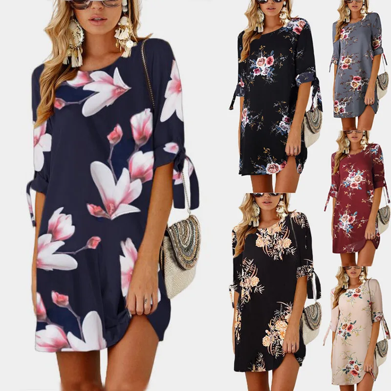 

Women Short Casual T Shirt Dress Summer Boho Floral Printed Short Sleeve Loose Mini Beach Party Dress, N/a