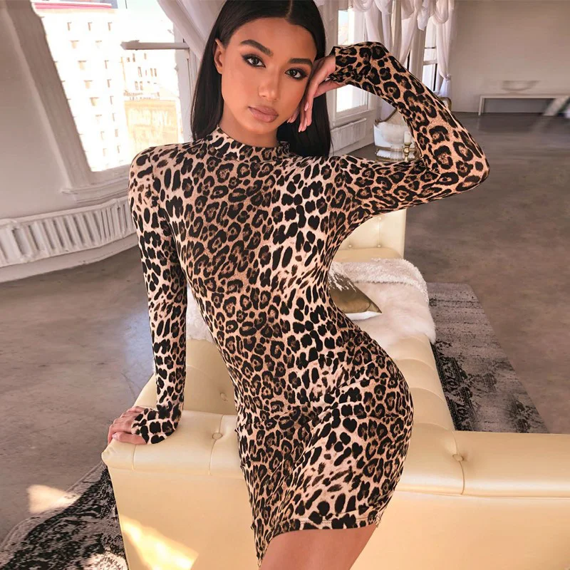 

Wholesale long sleeve high neck leopard print sexy dresses 2019 autumn winter women fashion high waist Christmas party dresses