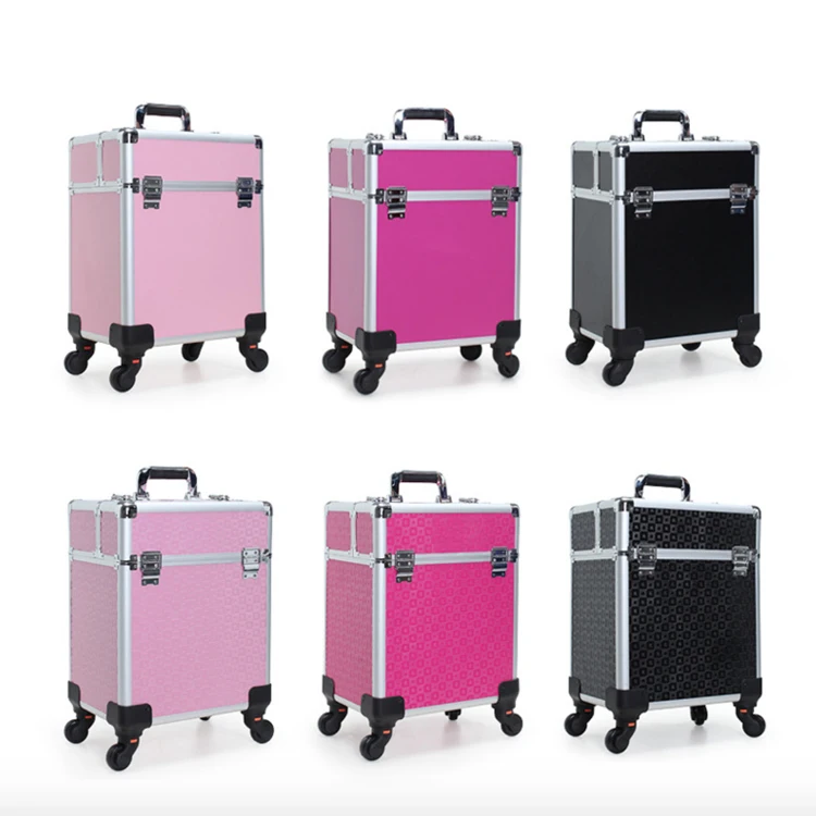 

wholesale Professional Portable Aluminum cosmetic vanity case trolley box makeup train case, Pink