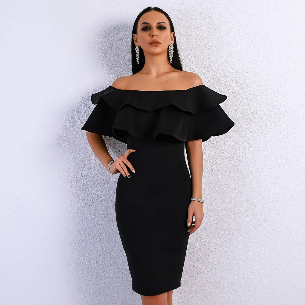 

2019 new style female sexy strapless ruffled elegant solid color evening dress cheap wholesale, White/pink/black