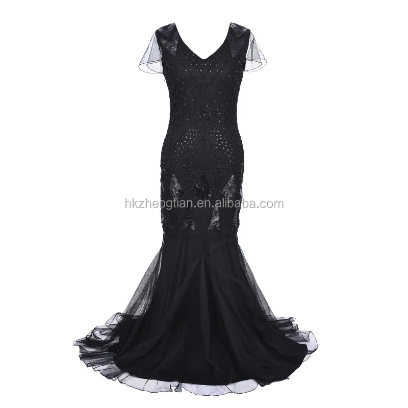 Womens Black 1920s Lace Flapper Dresses V Neck Roaring 20s Gatsby Dress Sleeve 