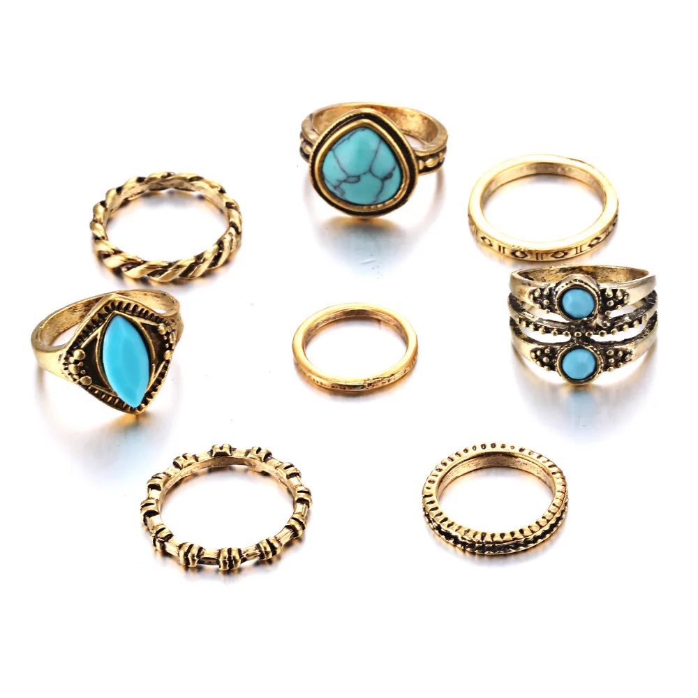 

Wholesale 8 pcs European popular women alloy ring suit cheap different design turquoise finger rings set, Gold/ anti-silver/anti-gold