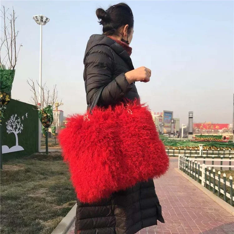 

ALICEFUR Women winter fashion custom color long hair real mongolian lamb fur handbag, Custom dyed