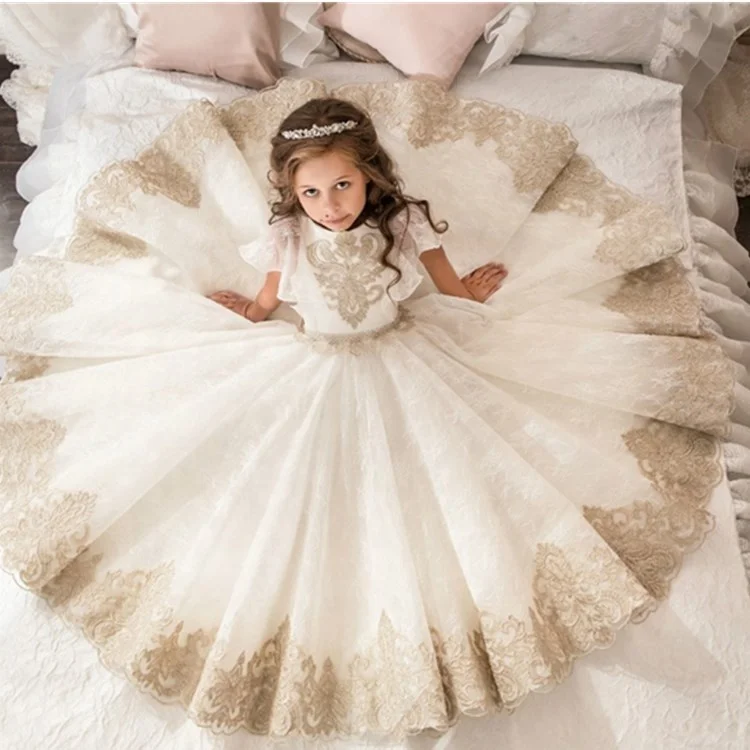 

2019 New arrival Handmade High Quality Girl Wedding dress Flower girl Dress Children Christening Costume Party Long Gown