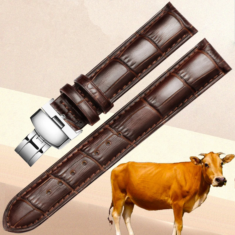 

GETALIA top layer leather strap butterfly buckle double snap button Watch Buckle watch accessories, Black;brown