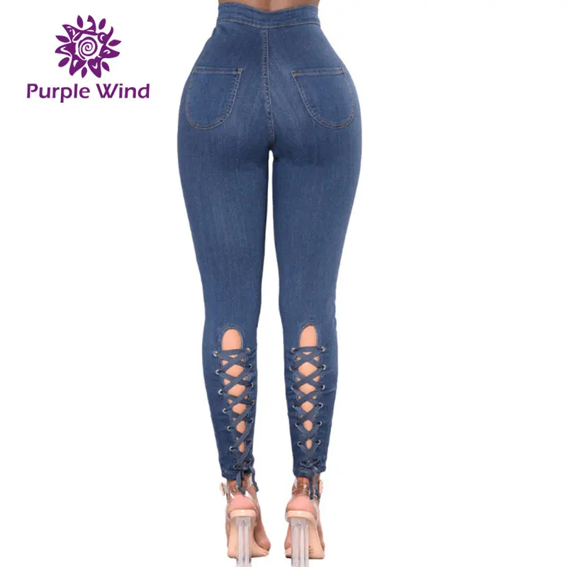 

Stock prochct skinny lace up blue denim jeans for womens