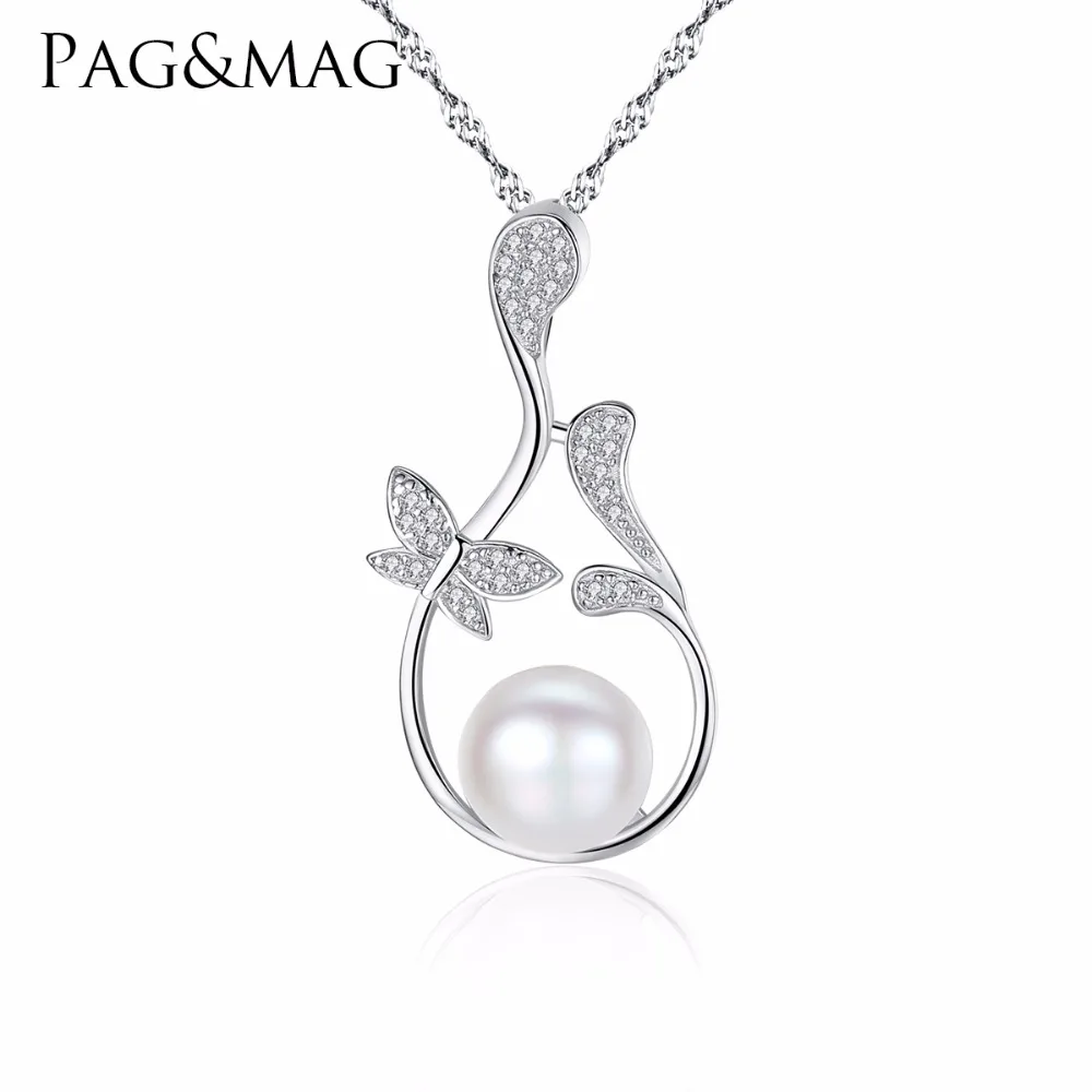 

PAG&MAG New Fashion S925 Silver Butterfly Shape Pendant Paved Tiny CZ Crystal&Natural Pearl Necklace For Elegant Women Banquet