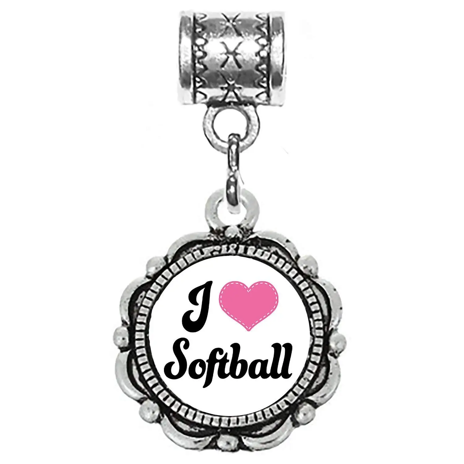 "I Love Softball charm" Tibetan Silver Hanging charm by Mossy Cabin for large hole snake chain charm bracelet, or add to a neck chain, pendant necklace or key chain
