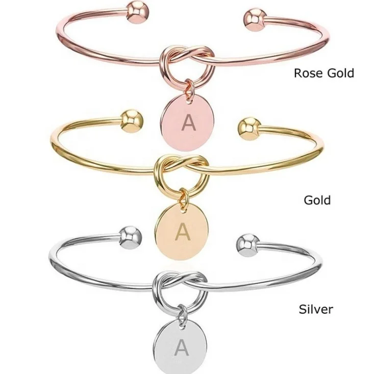 

Fashion Women Men Metal Knotted Open Bangle Alloy Alphabet Letter Charm Pendant Alex Bracelet, Silver/gold/rose gold