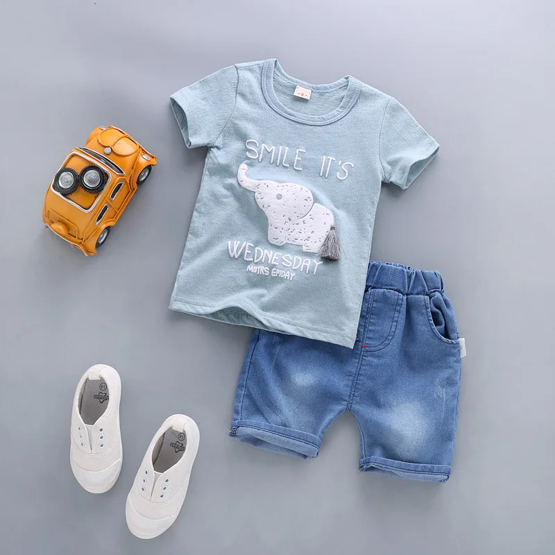 

Summer Toddler Cotton Short Sleeve +Denim Shorts Boy Clothing Sets, N/a