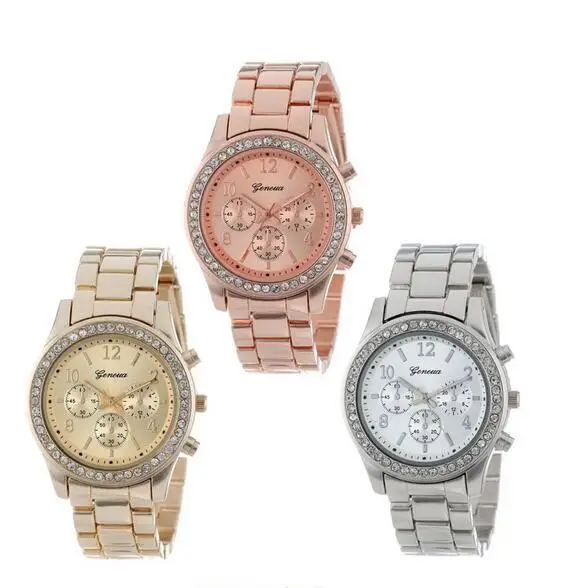 

China Cheaper Watch For Women Geneva Quartz Women Analog Wristwatches Crystal Women Steel Watch GW001, 3 different colors as picture