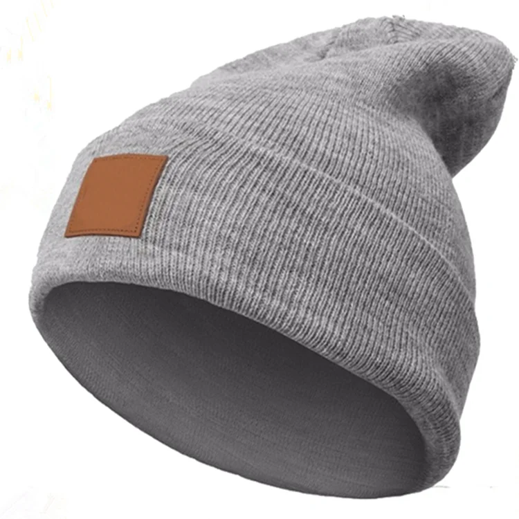 

custom adult men distressed private leather label knitted beanie