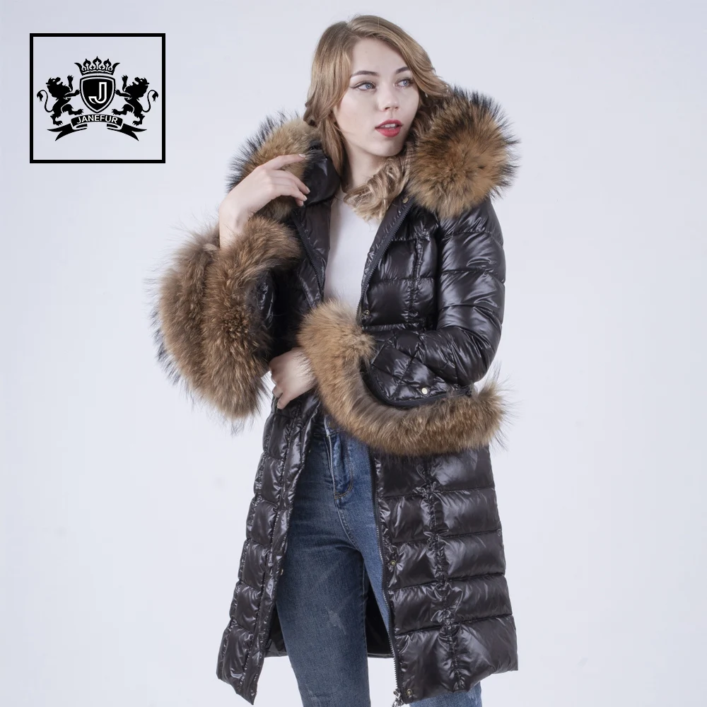 

New Design 2KG Raccoon fur Trim Hood lady long down jacket for women, Black ,white,others