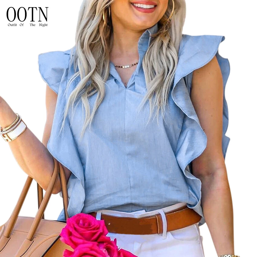 

OOTN Blue Ruffle Sleeveless Office Blouse Femme Chemise Summer Blouse Women 2019 Tunic Women Shirt Ladies Blouse And Tops