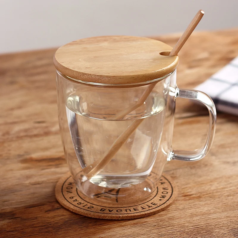 

450ml Insulated Double Walled Glass Coffee Mug With Bamboo Lid And Spoon, Clear transparent