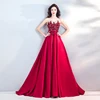 7718 A-line sleeveless scoop collar red satin draped evening dinner party ladies gown