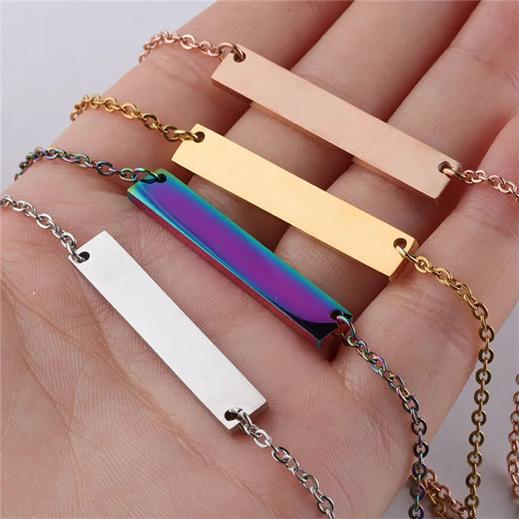 

New Fashion Gold Silver Blank Geometric Rectangle Charm Stainless Steel Bar Pendant Choker Necklace For Women Men DIY Jewelry, Silver/gold/rose gold