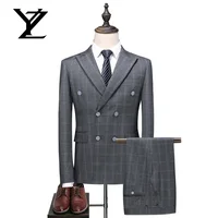 

Double Breasted Gray Plaid Men Suits 2019 New Notched Suits For Men Business Suit 3 Pieces Young Male Classic Tuxedos Sets