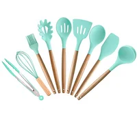 

Functional wooden handle heat resistant blue silicone cooking utensils set