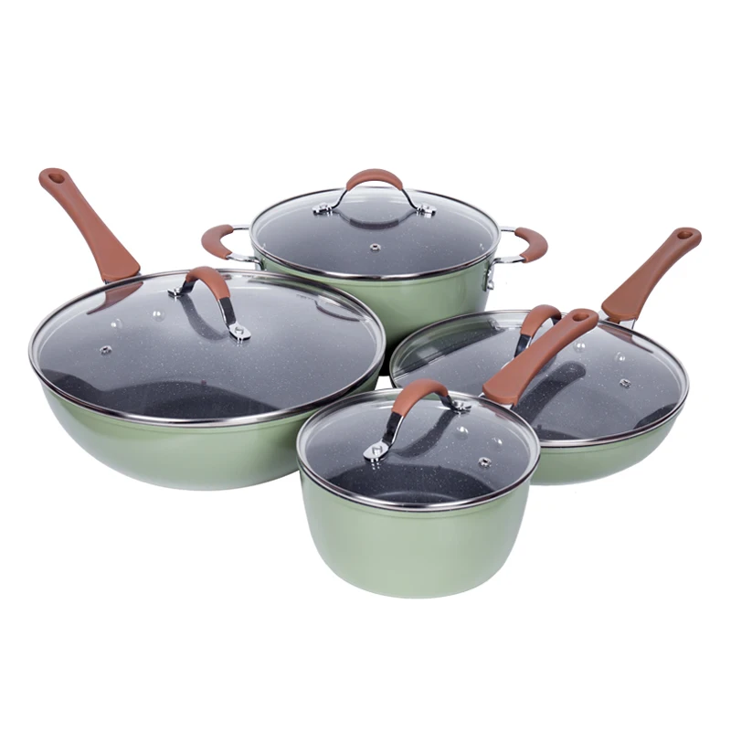 

7pcs Aluminum Alloy High green heat resistant color nonstick marble stone coating cookware set skillet sets