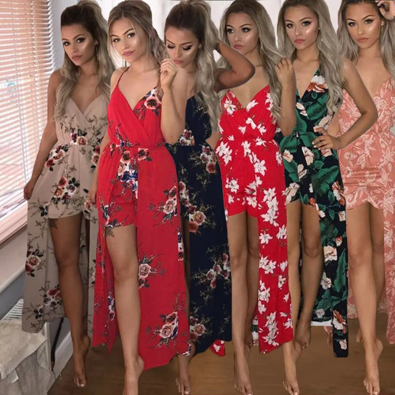 

2019 New Summer Dress Slit Bohemia Maxi Long Dress Womens Printed Rose Boho Beach Shorts Party Evening, As shown