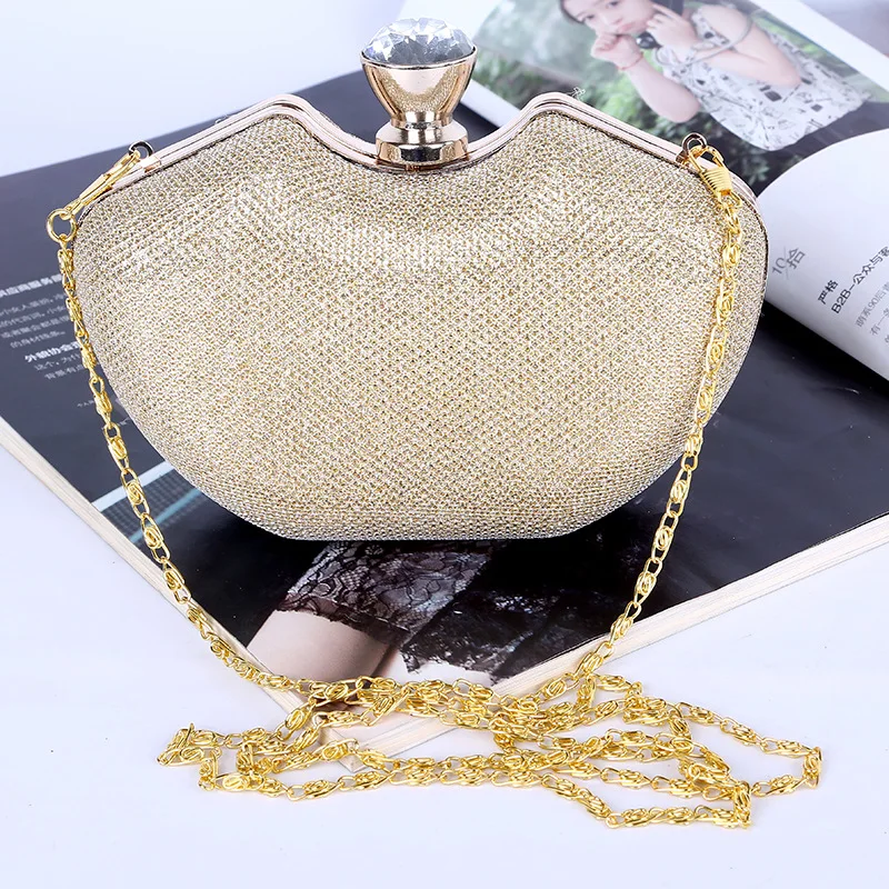 

Factory direct wholesale luxury big crystal head clutches shining material clutch evening bag apple shaped handbag for party, Gold,silver,black/customized colors