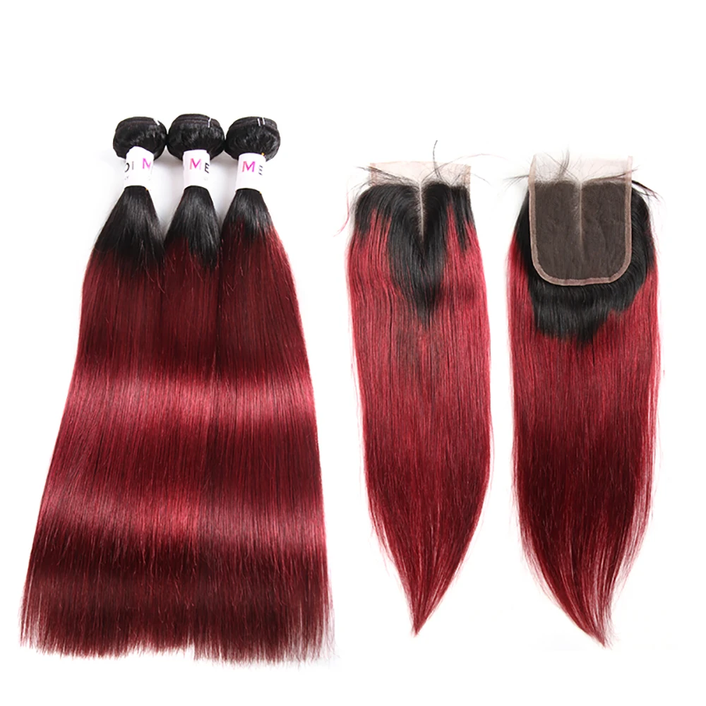 

Ombre 2 Tones Color 1B 99J Virgin Straight Hair Burgundy Color Bundles With Lace Closure