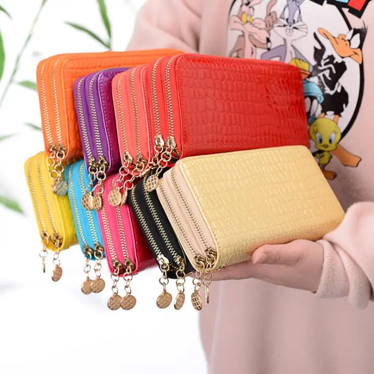 

2022 Wholesale women candy color wallet ladies' long purse Double zip phone wallets, 7 colors