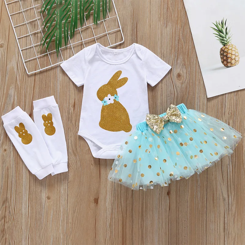 

Festival baby clothing set boutique clothing bunny short sleeve romper with skirt and legging girls easter outfit, Picture