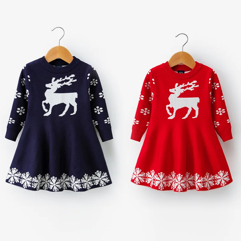 

2-8 yrs baby girls long sleeve knit christmas dress 2018 autumn winter princess costume cute sweater dresses red frocks for girl, N/a