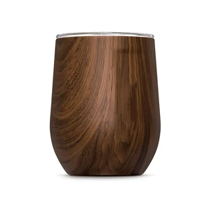 12 oz stainless steel wine cup double wall Insulated Stemless Glass wooden design wine tumbler