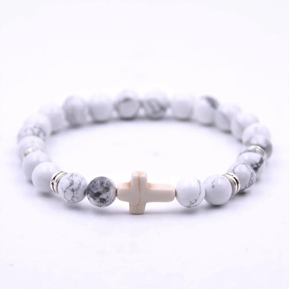 

Cheap wholesale fashion unisex custom howlite cross stone bracelet with  round bracelet men beads jewelry, White