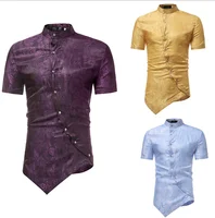 

Wholesale african mandarin collar shirts hot selling jacquard asymmetric hem slim fit shirts