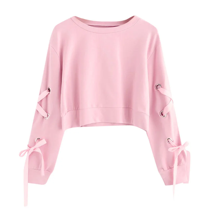 

Pink Sweatshirt Oversized Hoodie Women Casual Lace Up Long Sleeve Pullover Crop Top Solid Dropshipping