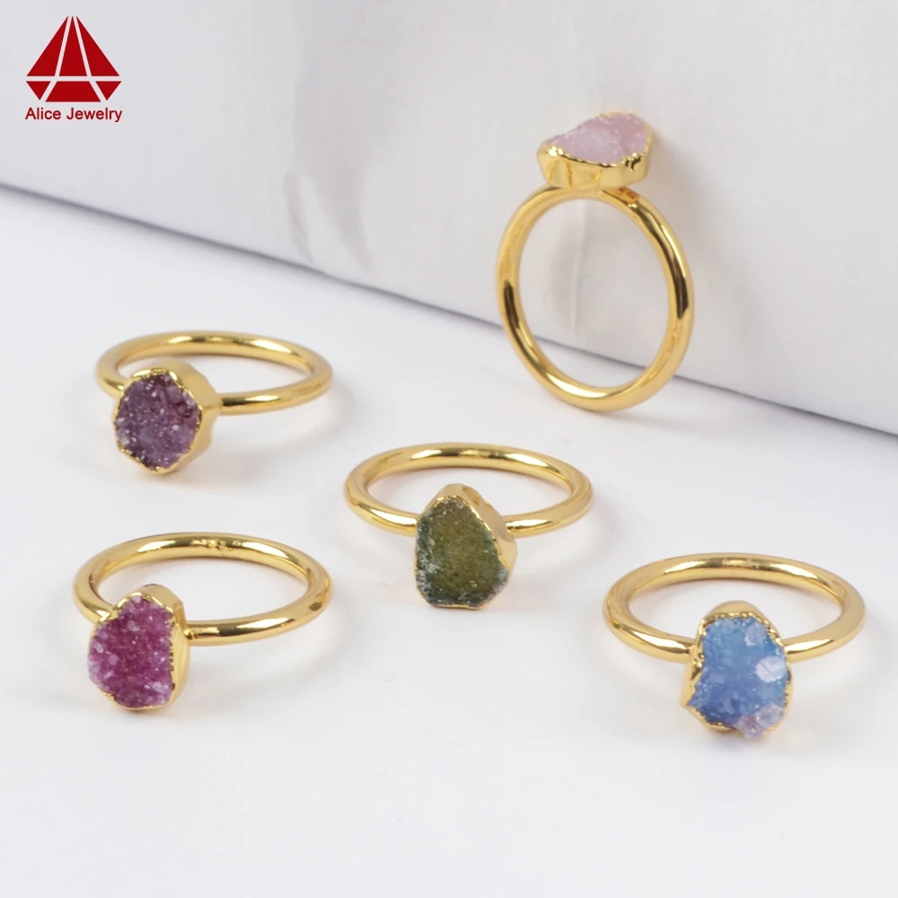 

G1450 single stone ring designs for women Natural druzy stone gold plated druzy ring