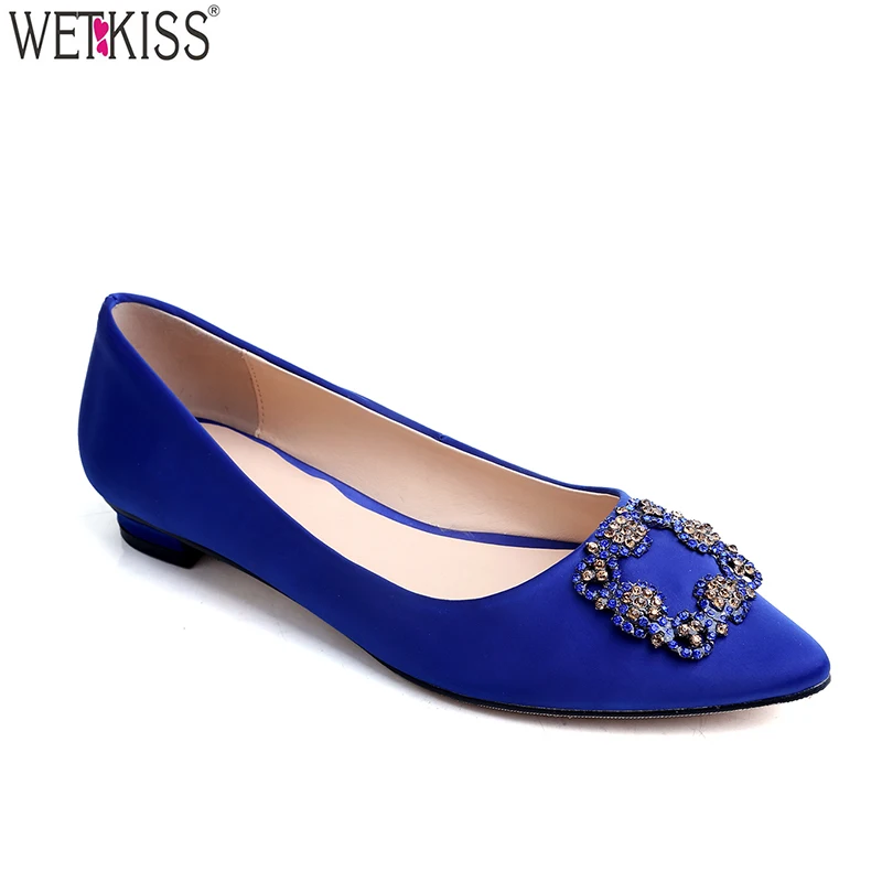 

Hot Selling Fashion Satin Walkable Bridal Shoes Pointed Toe Breathable Flat Shoes Slip On Ladies Flat Shoes with Crystal Buckle, Red, blue, black, green