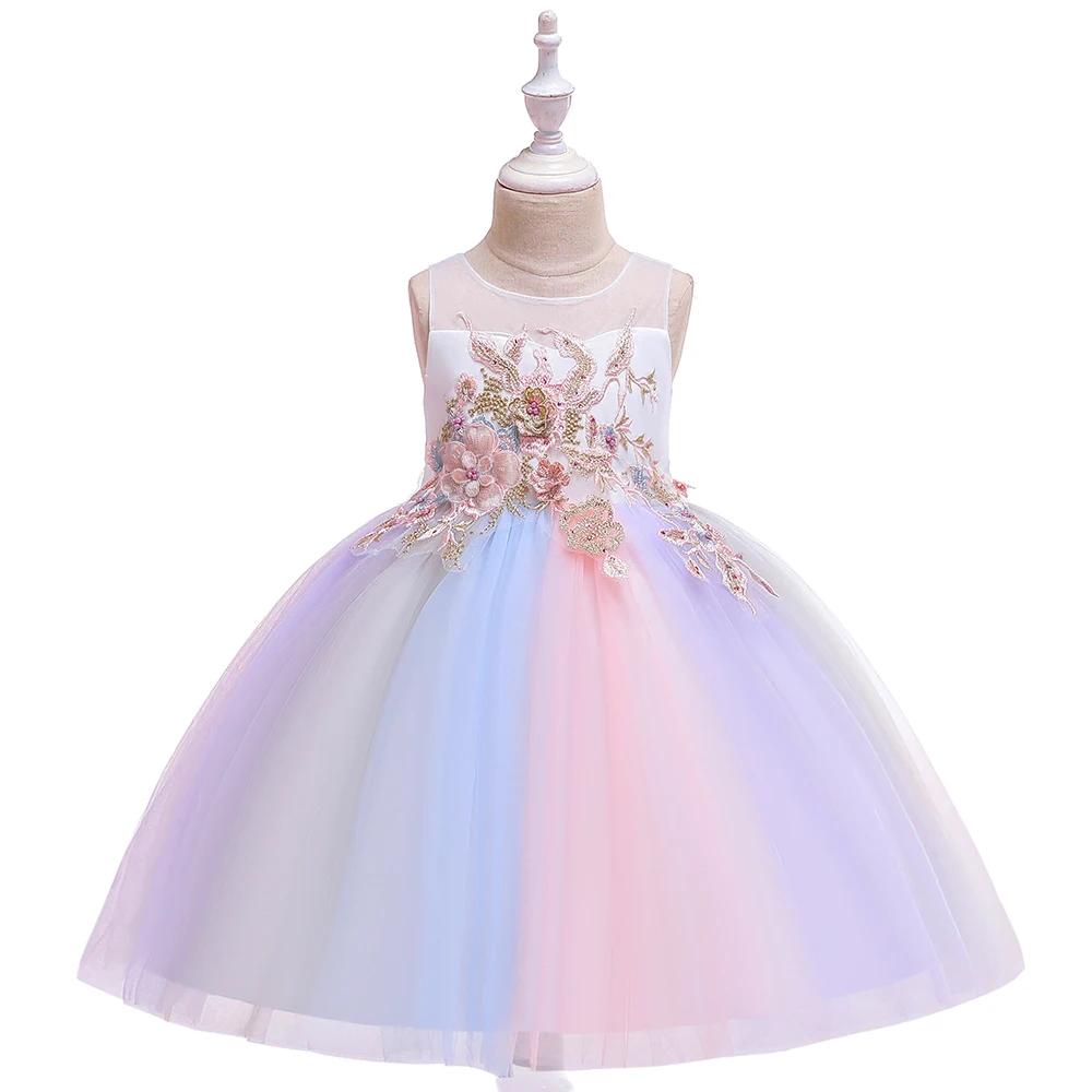 

New Design Colourful Knee Length Children Dress Flower Appliques Princess Girls Dresses Night Party Pageant Frock L5137, Pink;green;champagne
