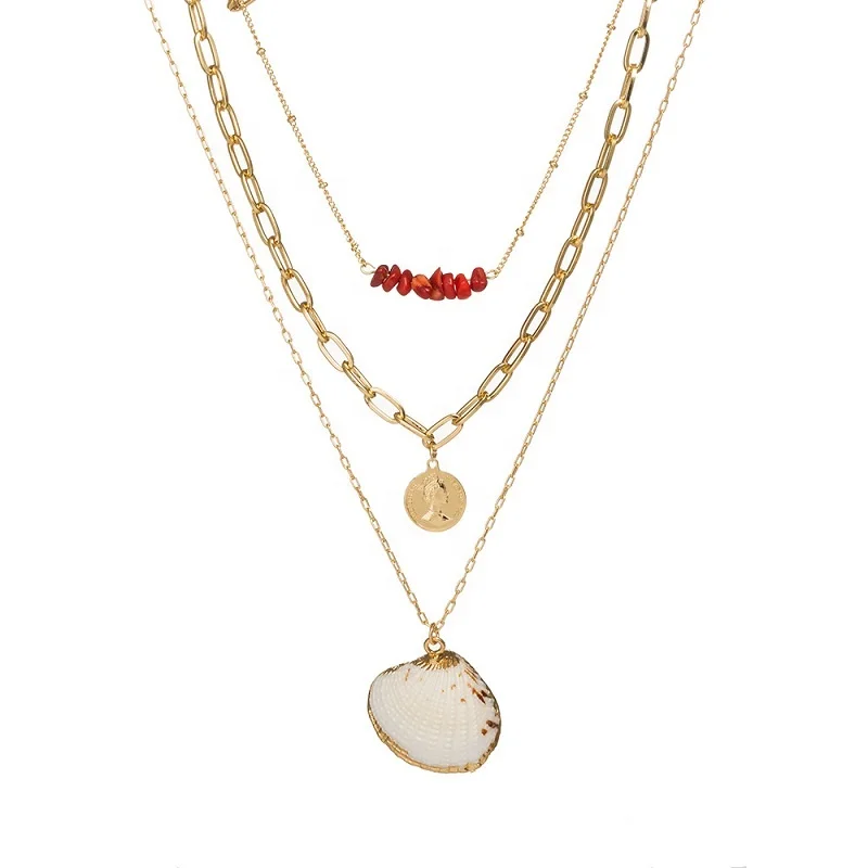 

tribal shell lock chain necklace chain accessories with red stone and coin