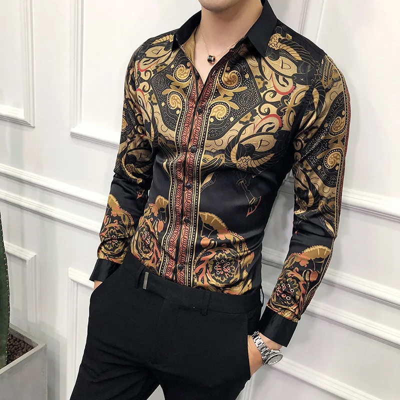 

European and American fashion long-sleeved shirt men Korean version of Slim personality trend flower shirt