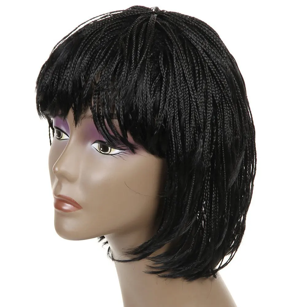 Short Box Braid Wigs Straight Hair Bob Wigs With Flat Bangs Black