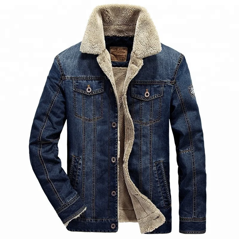 

Men Denim Jeans Jacket with Faux Fur Lining And Collar, Picture